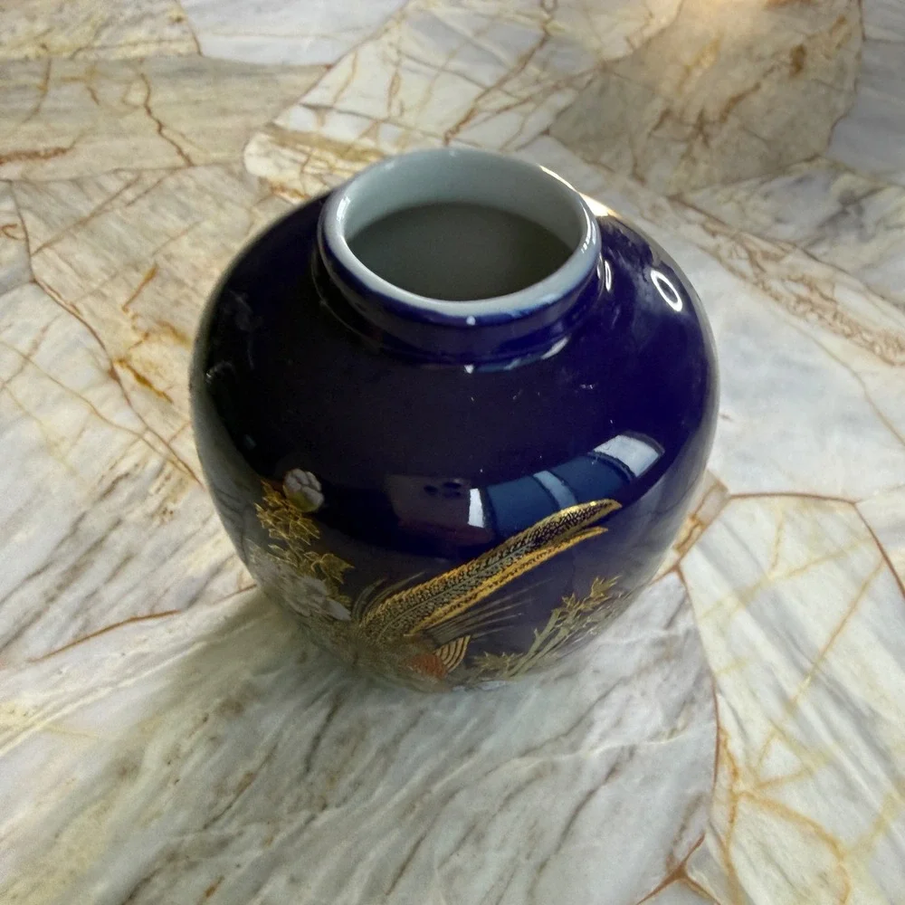 Cobalt Blue Gold Pheasant Peony Porcelain Bud Vase Chinoiserie Asian Decor